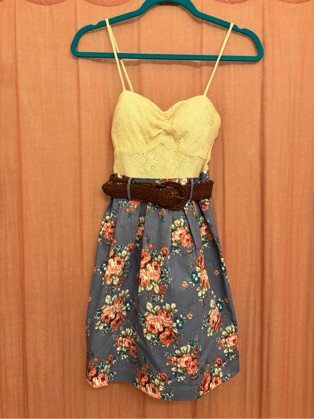 Vintage Cream Bodice Floral Skirt Dress with Brown Belt